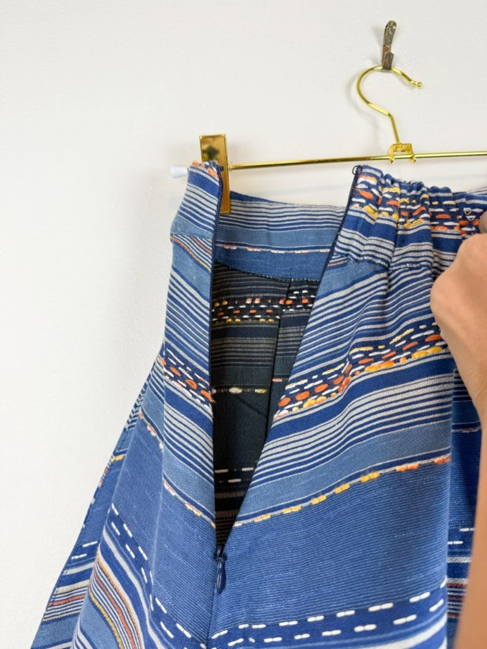 Eva Franco Liv A-Line Blue Striped Embroidered Midi Skirt Southwestern Size 2